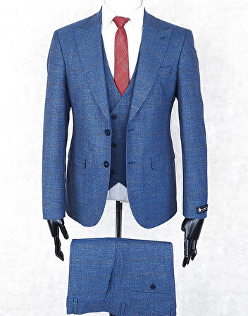 Jan Carlucci Slim Fit Sivri Yaka-Çift Yırtmaç Mavi Kareli  Drop 6 Yelekli Takım Elbise