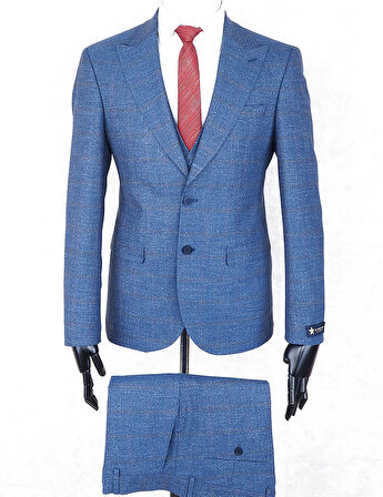 Jan Carlucci Slim Fit Sivri Yaka-Çift Yırtmaç Mavi Kareli  Drop 6 Yelekli Takım Elbise