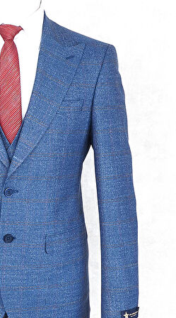 Jan Carlucci Slim Fit Sivri Yaka-Çift Yırtmaç Mavi Kareli  Drop 6 Yelekli Takım Elbise
