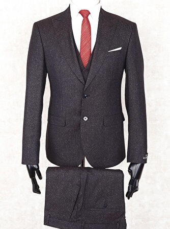 Jan Carlucci Slim Fit Sivri Yaka-Çift Yırtmaç  Kahverengi Drop 6 Yelekli Takım Elbise