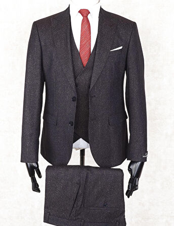 Jan Carlucci Slim Fit Sivri Yaka-Çift Yırtmaç  Kahverengi Drop 6 Yelekli Takım Elbise