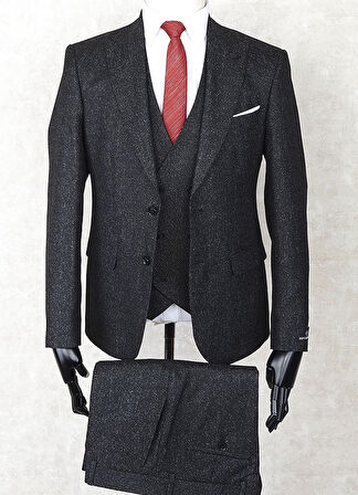 Jan Carlucci Slim Fit Sivri Yaka-Çift Yırtmaç  Siyah Drop 6 Yelekli Takım Elbise