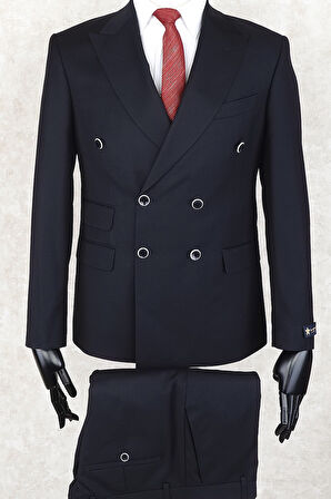 Jan Carlucci Slim Fit Geniş Sivri Yaka-Çift Yırtmaç  Lacivert Çift Cep Kruvaze Drop 6 Takım Elbise