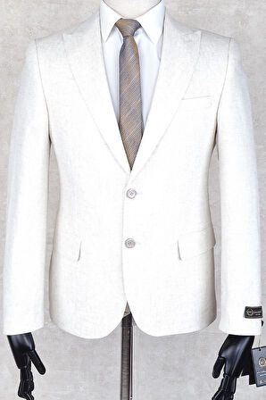 Jan Carlucci Sivri Yaka -İki  Düğme Çift Yırtmaç Slimfit Drop 6 Ceket- Krem Rengi