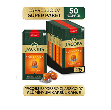 Jacobs Espresso 7 Classico Nespresso Uyumlu Kapsül Kahve 10 Kapsül X 5 Adet