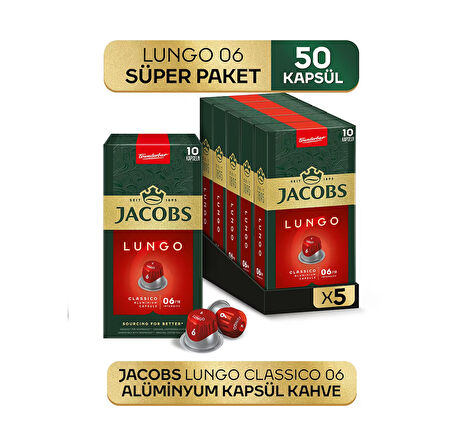 Jacobs Lungo 6 Classic Nespresso Uyumlu Kapsül Kahve 10 Kapsül X 5 Adet