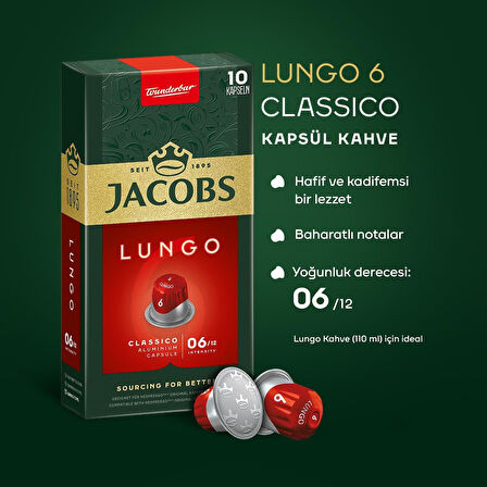 Jacobs Lungo 6 Classic Nespresso Uyumlu Kapsül Kahve 10 Kapsül X 5 Adet