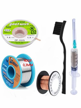 MECHANİC Soldering 63SN/37PB Lehim Teli 03MM 40Gr Ve Flux Lehim Toplama Ve CP 1515 Emme Teli 5in1 Set