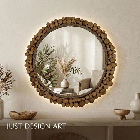 Just Design Art Doğal Ahşap Dilimli Halat Detaylı Bohem Yuvarlak Duvar Aynası - El Yapımı Rustik Tasarım