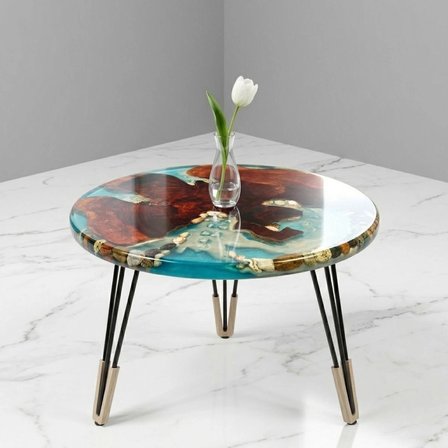 Just Design Art El Yapımı Doğal Ahşap Tasarım Deniz Temalı  Yuvarlak Epoksi Orta Sehpa -  Metal Ayak