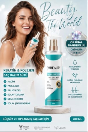 EMBEAUTY Saç Bakım Sütü Keratin & Kolajen 200 ml | Durulanmayan Saç Bakım Spreyi | Güçlü, Parlak ve Kolay Şekillenen Saçlar | Orijinal Bandrollü Ürün