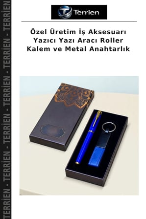 Özel Üretim İş Aksesuarı Yazıcı Yazı Aracı Roller Kalem ve Metal Anahtarlık