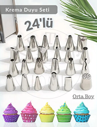 24 Parça Krema Duyu Seti Orta Boy Şanti Duyu Çelik Pasta Süsleme Duyu-Dolgusu