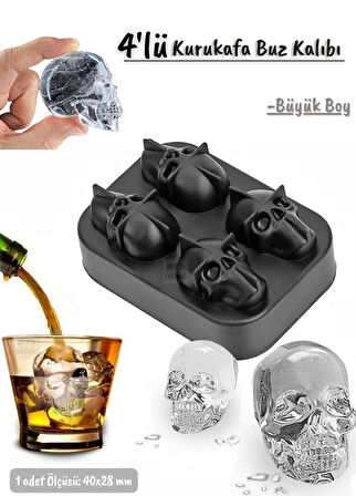 4’lü Kuru Kafa Buz Kalıbı Silikon Kurukafa Çikolata Kalıbı Siyah 40X28 mm