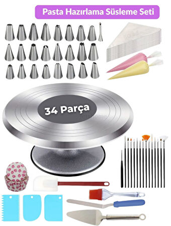 34 Parça Pasta Süsleme Hazırlık Seti – Profesyonel ve Hobi Kullanım İçin Eksiksiz Dekorasyon Takımı