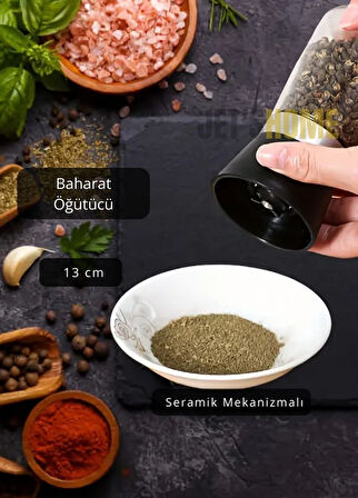 Baharat Öğütücü Kalınlık Ayarlı Karabiber Değirmeni Cam Tuz Değirmeni Seramik Bıçaklı 13 cm