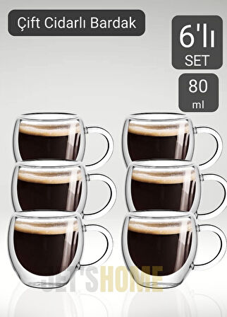 6’lı Set Kulplu Espresso Bardağı Doppio Ristretto Bardağı Çift Cidarlı Türk Kahvesi Bardak 80 ml