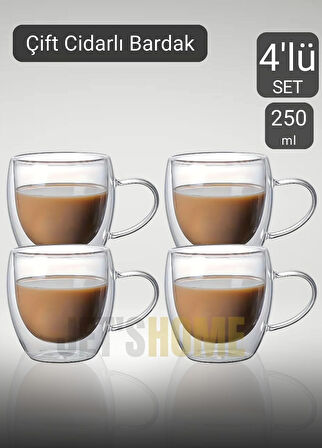 4’lü Set Kulplu Cappuccino Bardağı Latte Bardağı Çift Cidarlı Americano Bardağı 250 ml Kahve Bardak