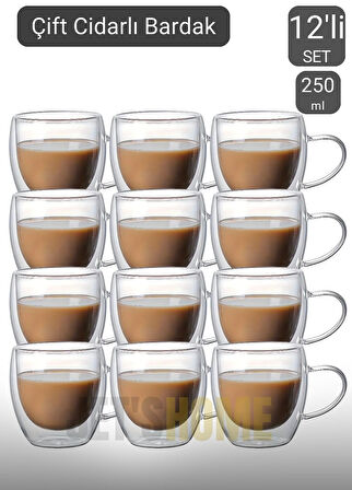 12’li Set Kulplu Cappuccino Bardağı Latte Bardağı Çift Cidarlı Americano Bardağı 250 ml Kahve Bardak