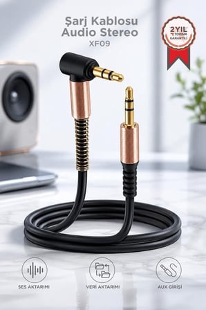 Premium Müzik Keyfi Cihaz Bağlantı Şarj Kablosu Audio Stereo 3.5 Aux Kablo XF09 Siyah