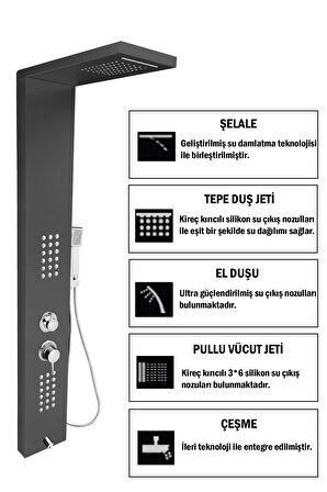 Victoria Metalik Füme Şelaleli Duş Sistemi- Dikey Jakuzi - Duş Robotu - El Duşu - Duş Başlığı