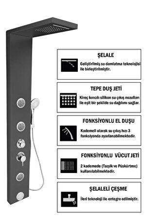 Venüs Metalik Füme Şelaleli Masajlı Duş Paneli- Dikey Jakuzi - Duş Robotu - El Duşu - Duş Başlığı