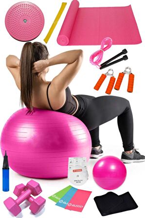 15 Li Pilates Seti Topu Pilates Bandı Dambıl Minder Atlama Ipi Twister Aerobik Kemer El Yayı Pembe