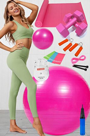 12 Li Pilates Seti Takımı Topu 3 Lü Pilates Bandı Lastiği Dambıl Minder Mat Atlama Ipi El Yayı Pembe