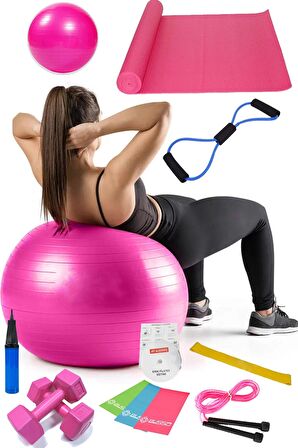 13 Lü Pilates Seti Topu 3 Lü Pilates Bandı Lastiği Dambıl Minder Atlama Ipi Direnç Lastiği Pembe