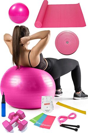 13 Lü Pilates Seti Topu 3 Lü Pilates Bandı Lastiği Dambıl Minder Atlama Ipi Twister Disk Pembe