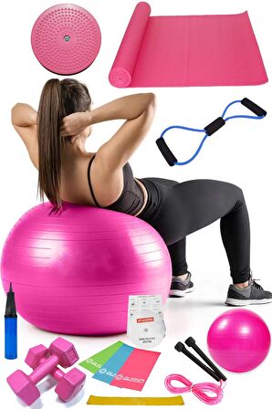 14 Lü Pilates Seti Topu 3 Lü Pilates Bandı Dambıl Minder Atlama Ipi Twister Direnç Lastiği Pembe