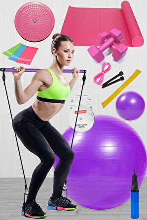 14 Lü Pilates Seti Topu 3 Lü Pilates Bandı Dambıl Minder Ip Twister Pilates Studio Barı Mor