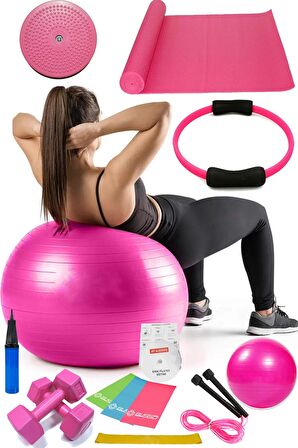 14 Lü Pilates Seti Topu 3 Lü Pilates Bandı Dambıl Minder Ip Twister Pilates Çemberi Pembe