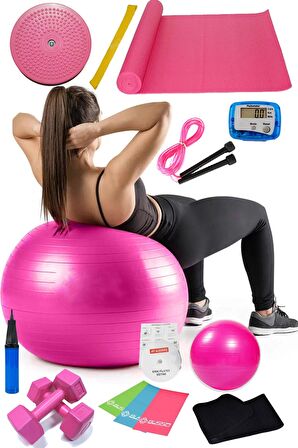 15 Li Pilates Seti Topu Pilates Bandı Dambıl Minder Atlama Ipi Twister Aerobik Kemer Adımsayar Pembe