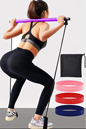 Squat Seti Pilates Studio Egzersiz Çubuğu Squat Pilates Barı Plates Çantalı Aerobik Bandı 3'lü Set