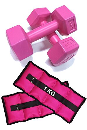 El Ve Ayak Bilek Ağırlığı 2x1 Kg Kum Torbası Ve 2x1kg Dambıl Dumbell Seti Ağırlık Setleri Pembe