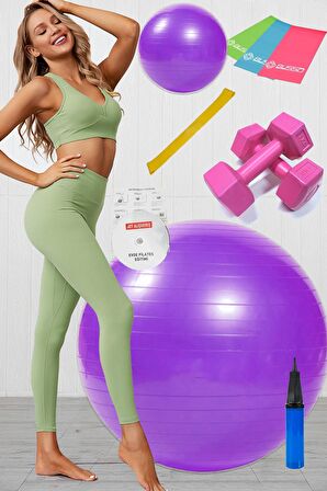 10 Lu Pilates Topu Seti Takımı 3 Lü Pilates Bandı Lastiği 1 Kg Dambıl, Squat Aerobik Bandı Mor