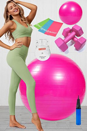 9 Lu Pilates Seti Plates Takımı Pilates Topu 1 Kg Dambıl Pompa 3 Lü Direnç Bandı Lastiği Set Pembe