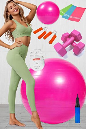 10 Lu Pilates Topu Seti Takımı 3 Lü Pilates Bandı Lastiği 1 Kg Dambıl El Yayı Set Pembe