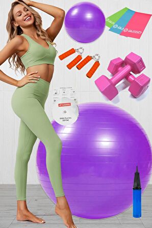 10 Lu Pilates Topu Seti Takımı 3 Lü Pilates Bandı Lastiği 1 Kg Dambıl El Yayı Set Mor