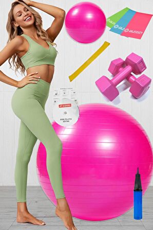 10 Lu Pilates Topu Seti Takımı 3 Lü Pilates Bandı Lastiği 1 Kg Dambıl, Squat Aerobik Bandı Pembe