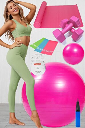 10 Lu Pilates Topu Seti Takımı 3 Lü Pilates Bandı Lastiği 1 Kg Dambıl, Pilates Minderi Mat Pembe
