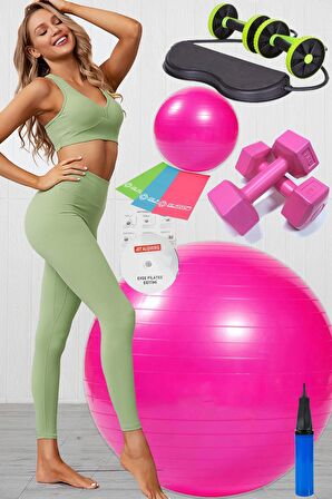 10 Lu Pilates Topu Seti Takımı 3 Lü Pilates Bandı Lastiği 1 Kg Dambıl, Tekerlekli Spor Aleti Pembe