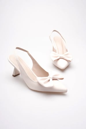 Bej Fiyonklu Kitten Topuklu Slingback Kadın Ayakkabı