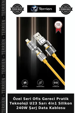 Özel Seri Ofis Gereci Pratik Teknoloji U23 Sarı 4in1 Silikon 240W Şarj Data Kablosu