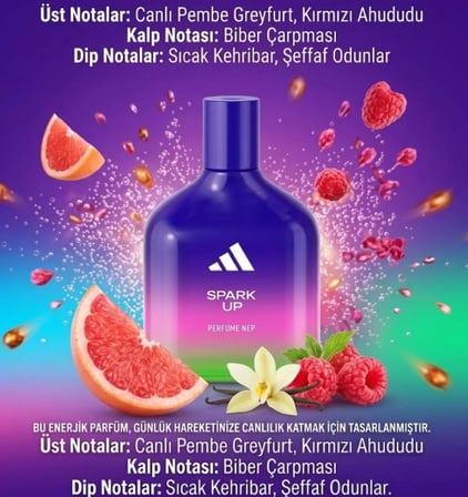 Adidas Spark Up Perfume NEP - Sıcak Kehribar, Şeffaf Odunlar & Ahududu Notası Enerjik Unisex Parfüm