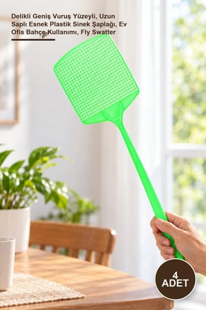 4 Adet Plastik Sinek Raketi – Delikli Geniş Vuruş Yüzeyli, Uzun Saplı Esnek Plastik Sinek Şaplağı, Ev Ofis Bahçe Kullanımı, Fly Swatter