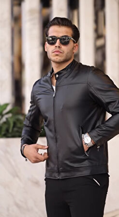 PRİFALDİ Dik Yekalı Yeni Sezon Erkek Deri Ceket Siyah