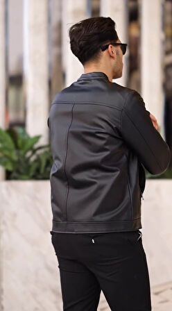 PRİFALDİ Dik Yekalı Yeni Sezon Erkek Deri Ceket Siyah