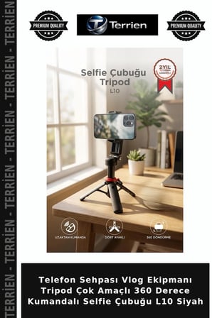 Telefon Sehpası Vlog Ekipmanı Tripod Çok Amaçlı 360 Derece Kumandalı Selfie Çubuğu L10 Siyah